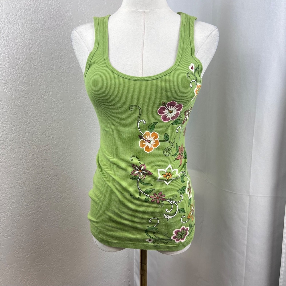 Y2K Fang Tank Top Womens Medium Green Floral Ribbed Fairygrunge Boho Retro
